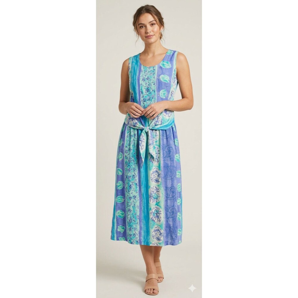Rabbit Designs Dress Women 16 Rayon Midi Blue Green Purple Paisley Tie‑Front USA
